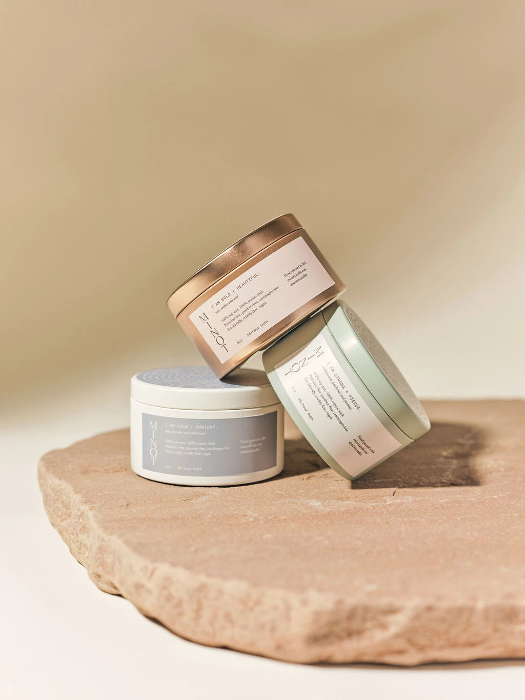 Calm + Content is one of three affirmation candles made of non-toxic soy wax in 5 oz. travel tins