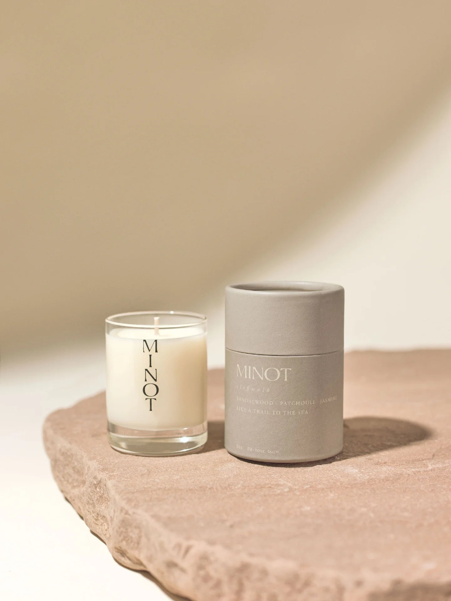 Cliffwalk Mini is a clean-burning travel candle with sandalwood, patchouli and jasmine notes