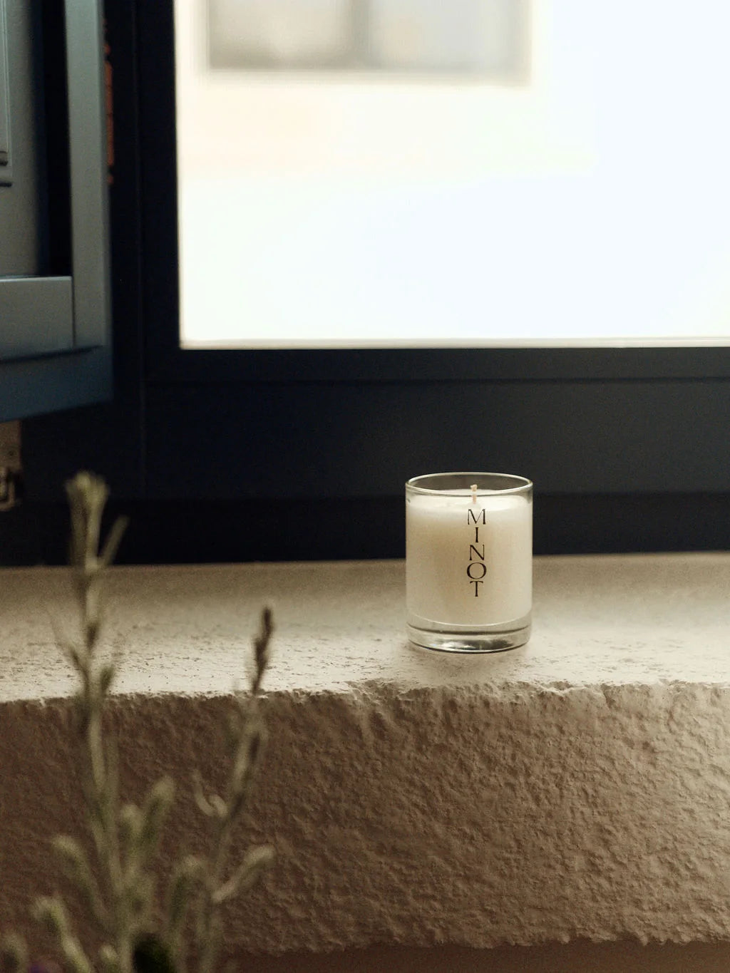 MINOT's mini soy candle in the crisp, earthy scent blend Terrene sits on a windowsill near greenery