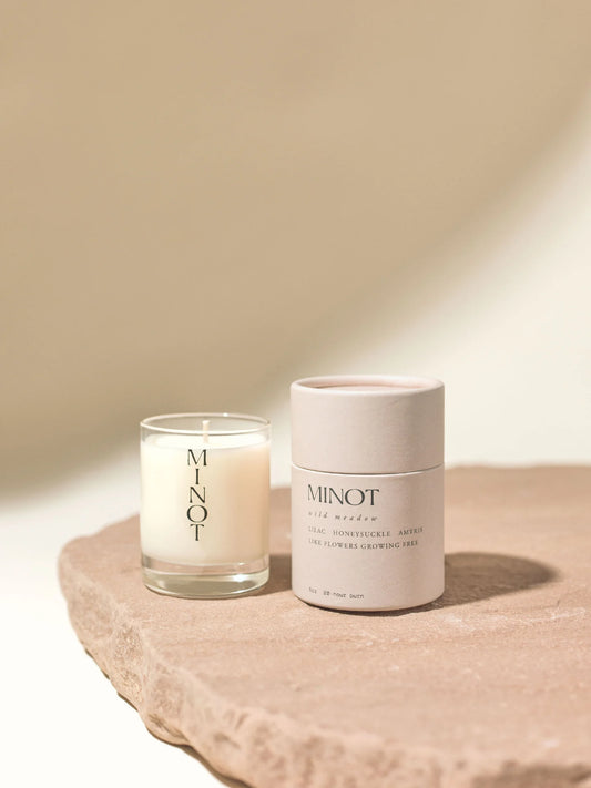 The Wild Meadow Mini is a clean-burning, non-toxic travel candle with a floral fragrance blend